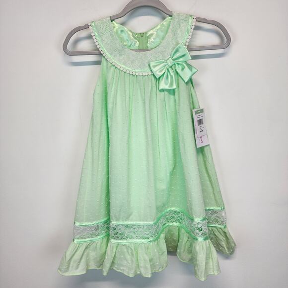 Bonnie Jean Easter Dress Girls Size 8 Green Lace Satin Bow Dotted Ruffle Spring - Picture 1 of 8